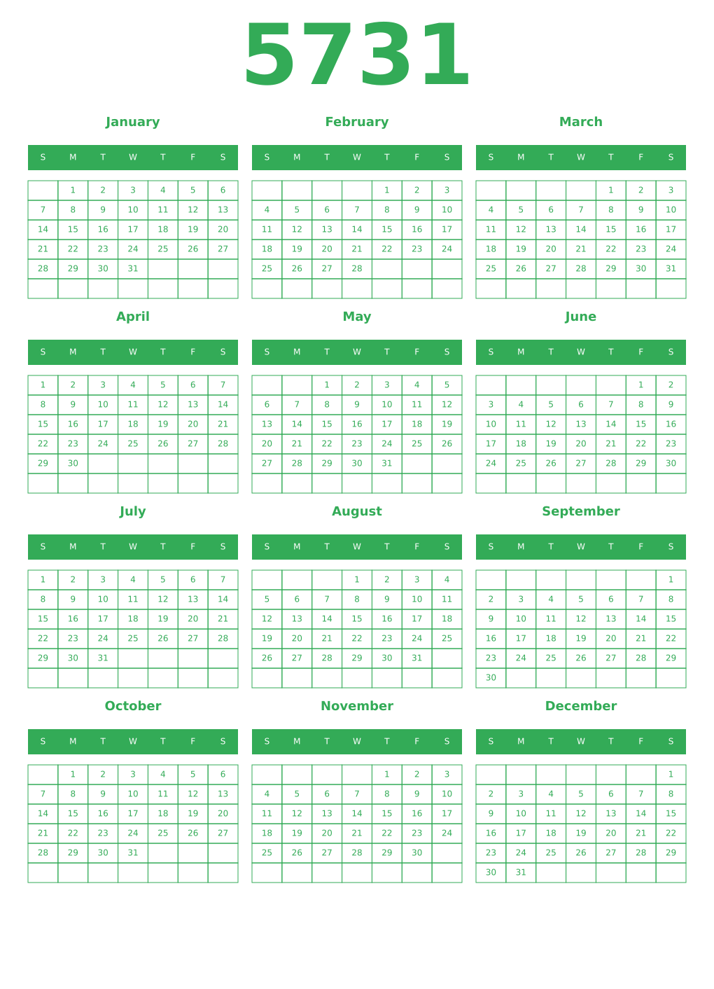 Printable 5731 Year Calendars green