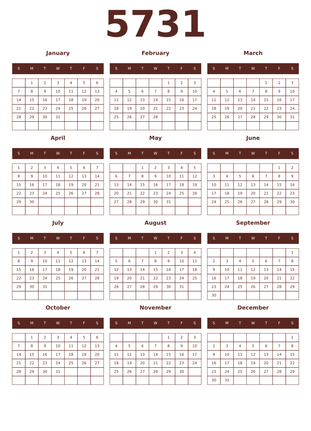 Printable 5731 Year Calendars mortuum