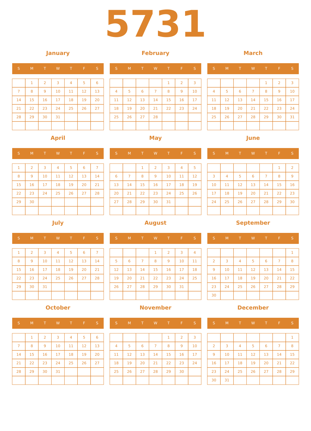 Printable 5731 Year Calendars orange