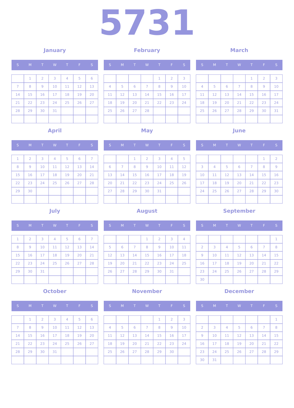Printable 5731 Year Calendars periwinkle