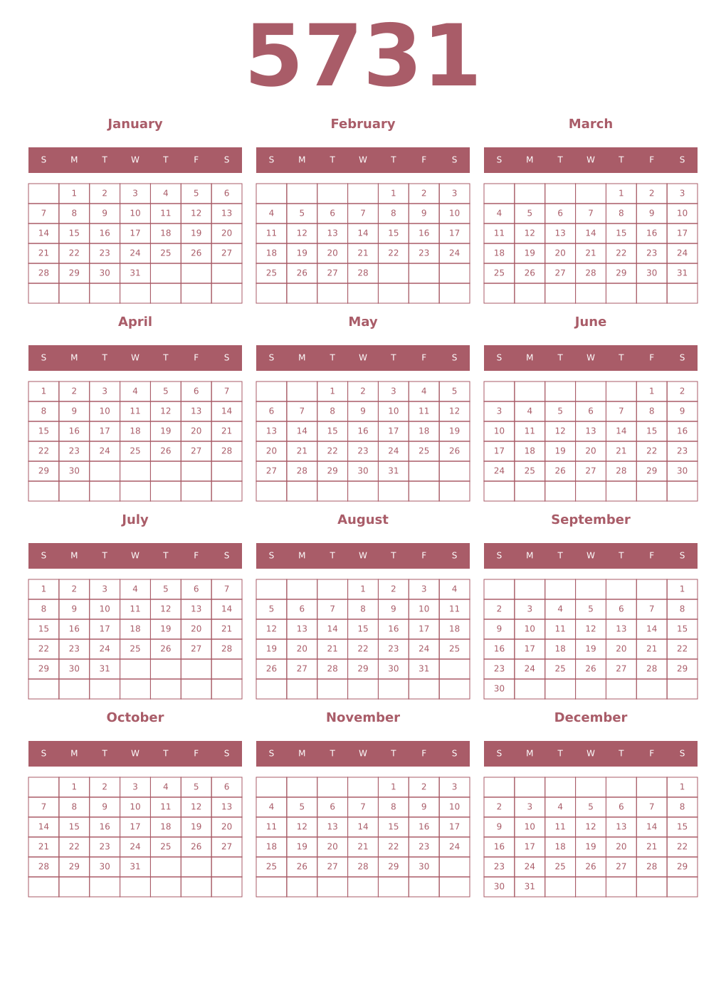 Printable 5731 Year Calendars puce