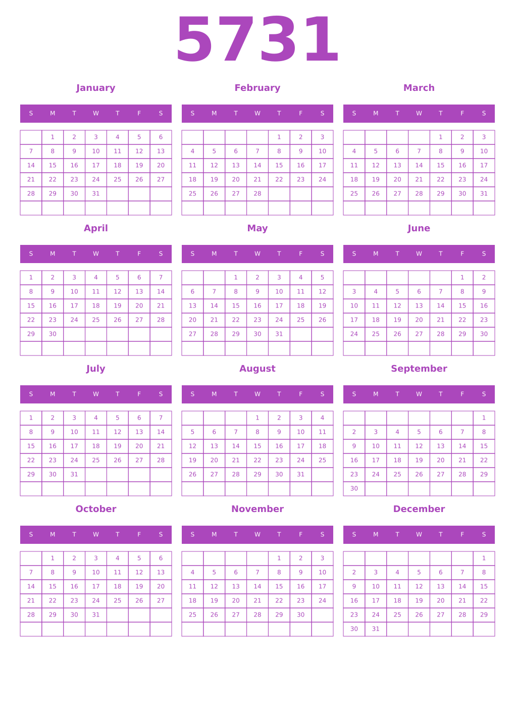 Printable 5731 Year Calendars purple