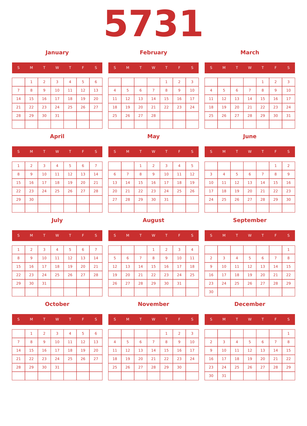 Printable 5731 Year Calendars red