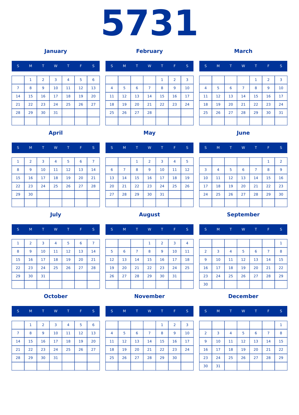 Printable 5731 Year Calendars smalt