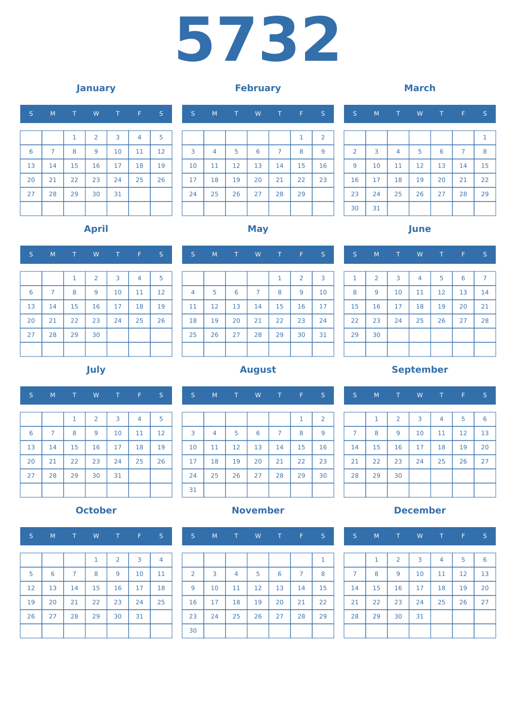 Printable 5732 Year Calendars blue