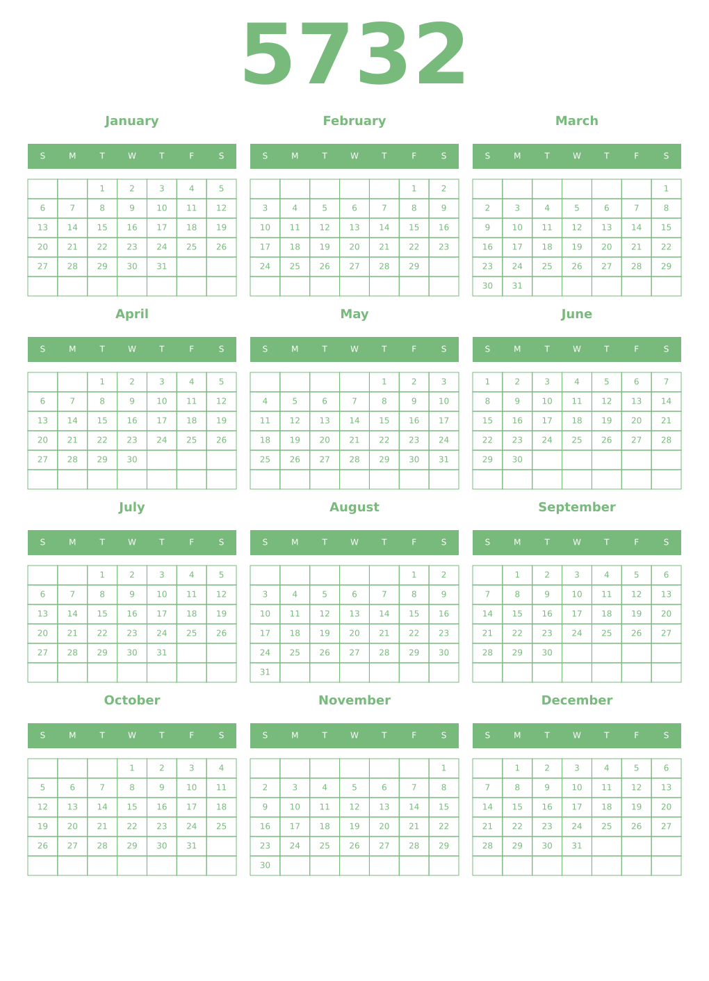 Printable 5732 Year Calendars celadon