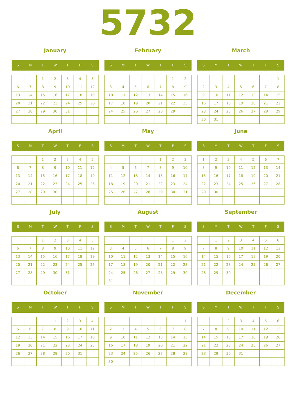 Printable 5732 Year Calendars chartreuse