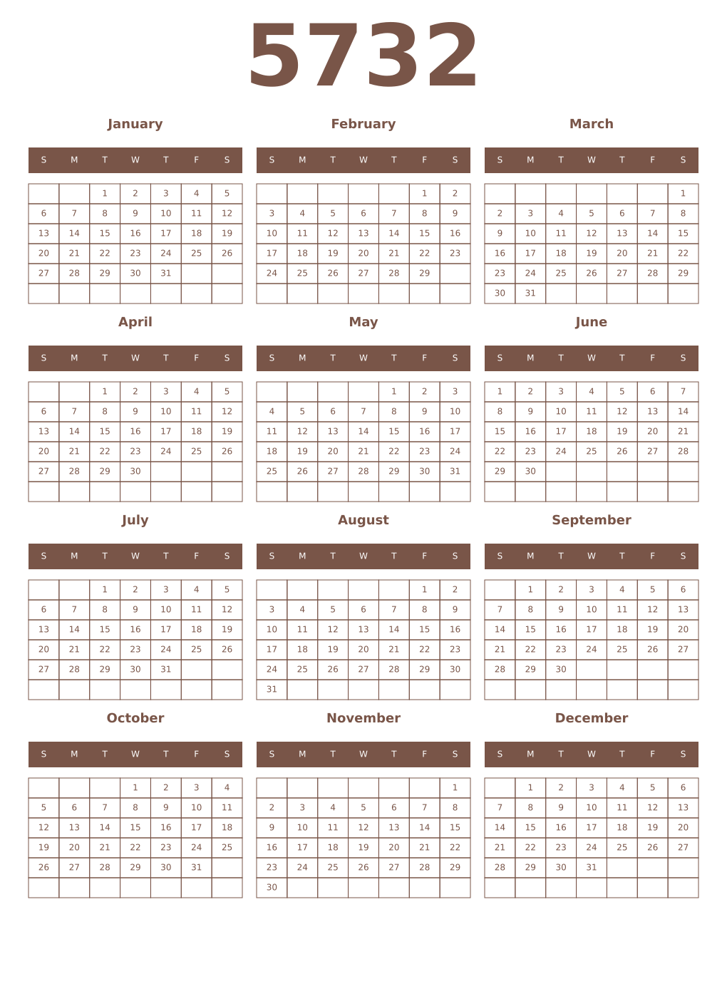 Printable 5732 Year Calendars coffe