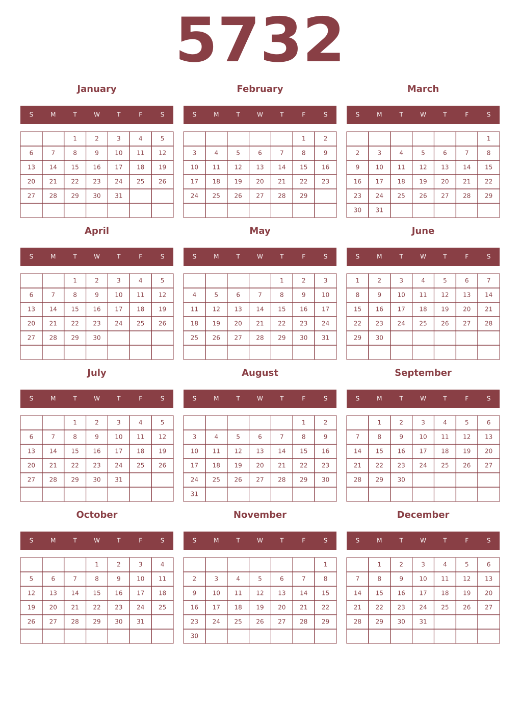 Printable 5732 Year Calendars cordovan
