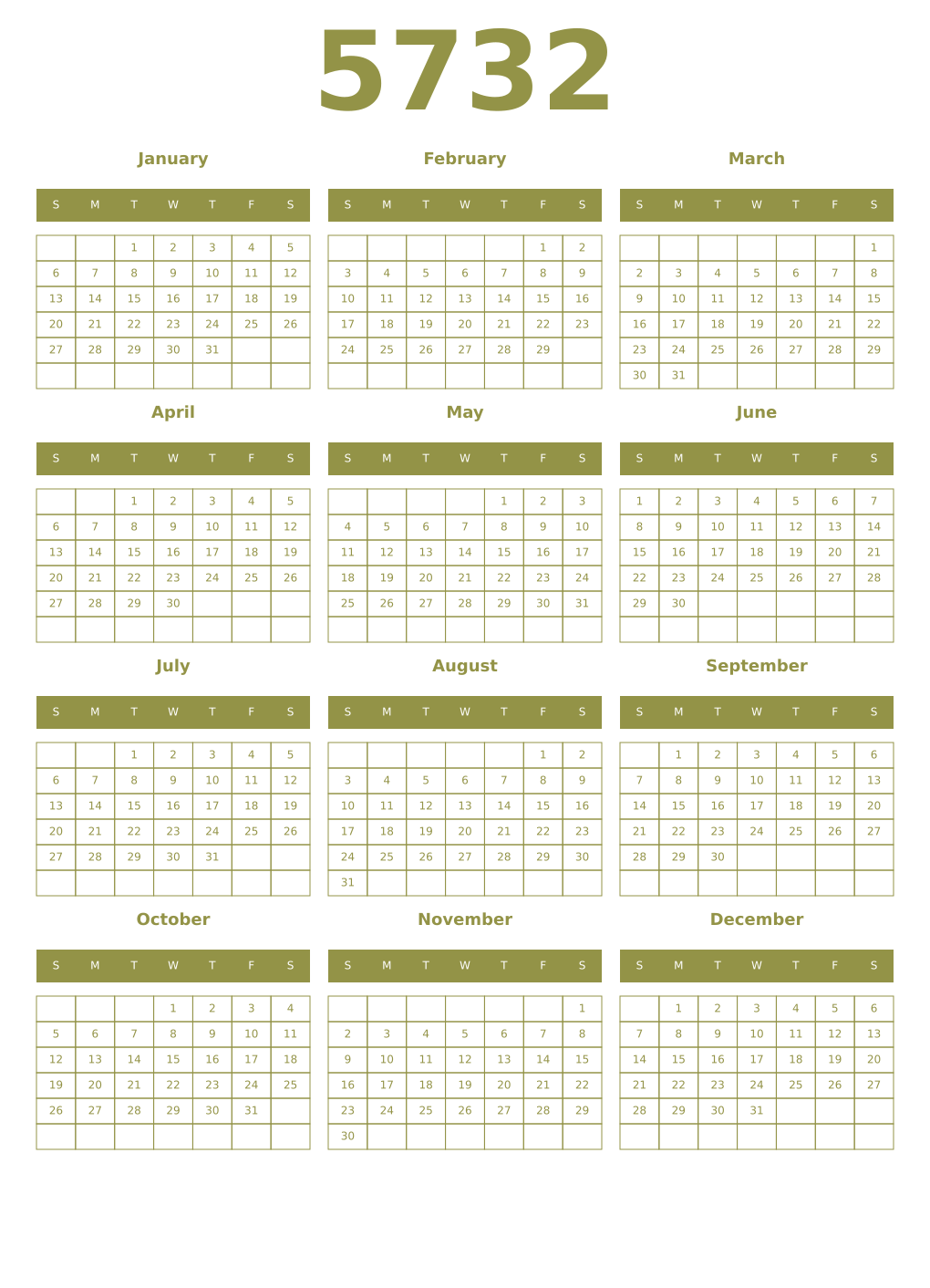 Printable 5732 Year Calendars eburnean