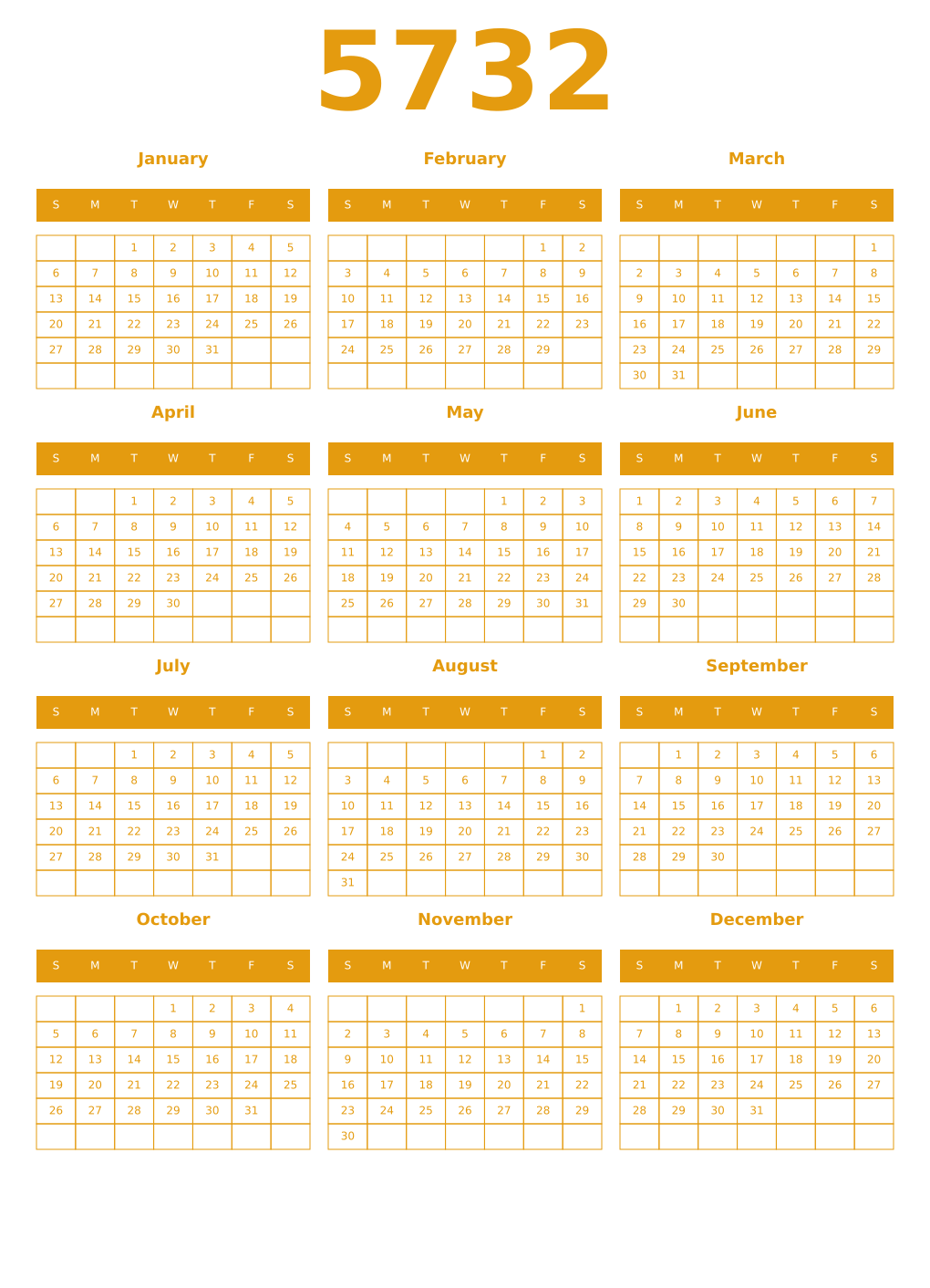 Printable 5732 Year Calendars gamboge