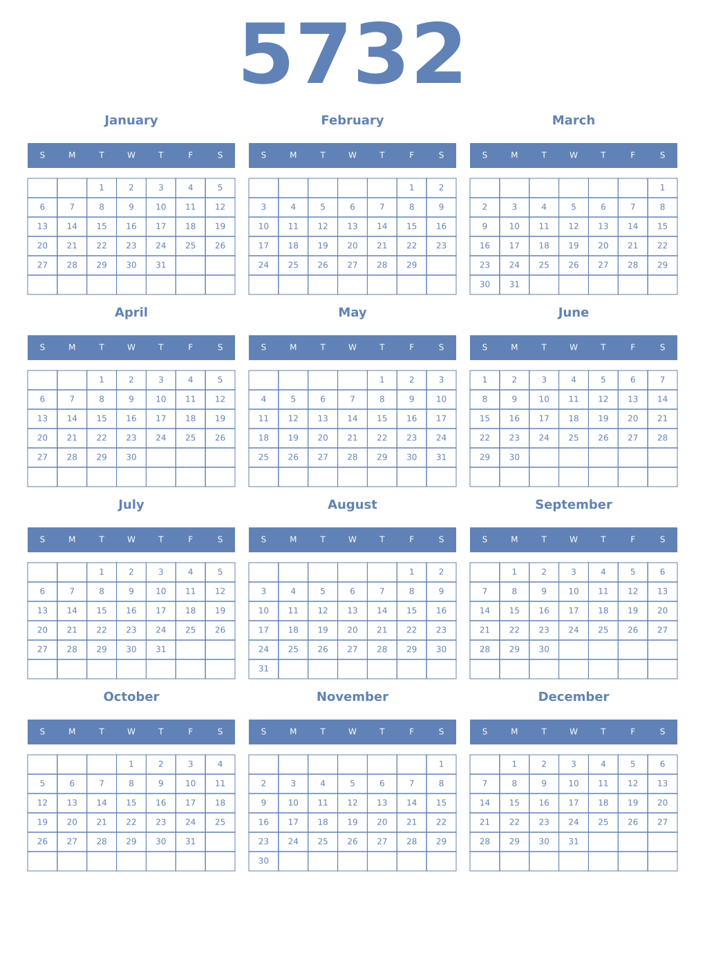 Printable 5732 Year Calendars glaucous