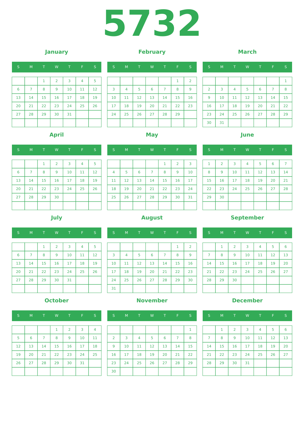 Printable 5732 Year Calendars green