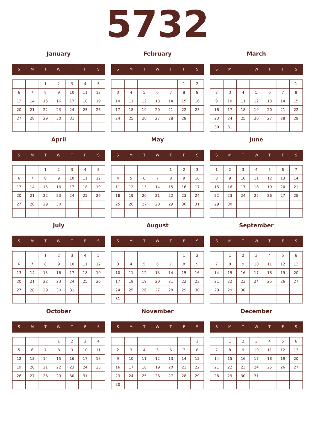 Printable 5732 Year Calendars mortuum