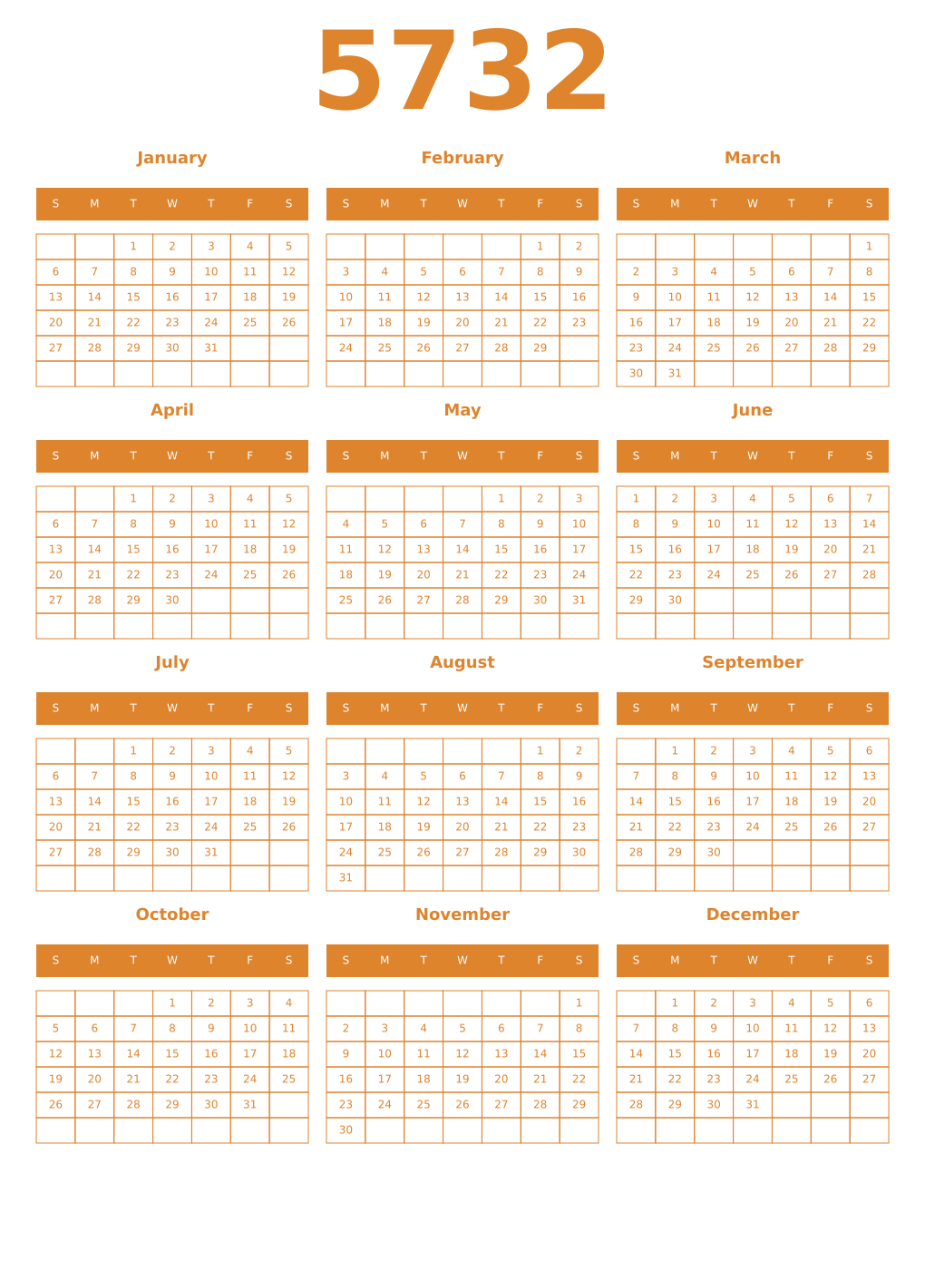 Printable 5732 Year Calendars orange
