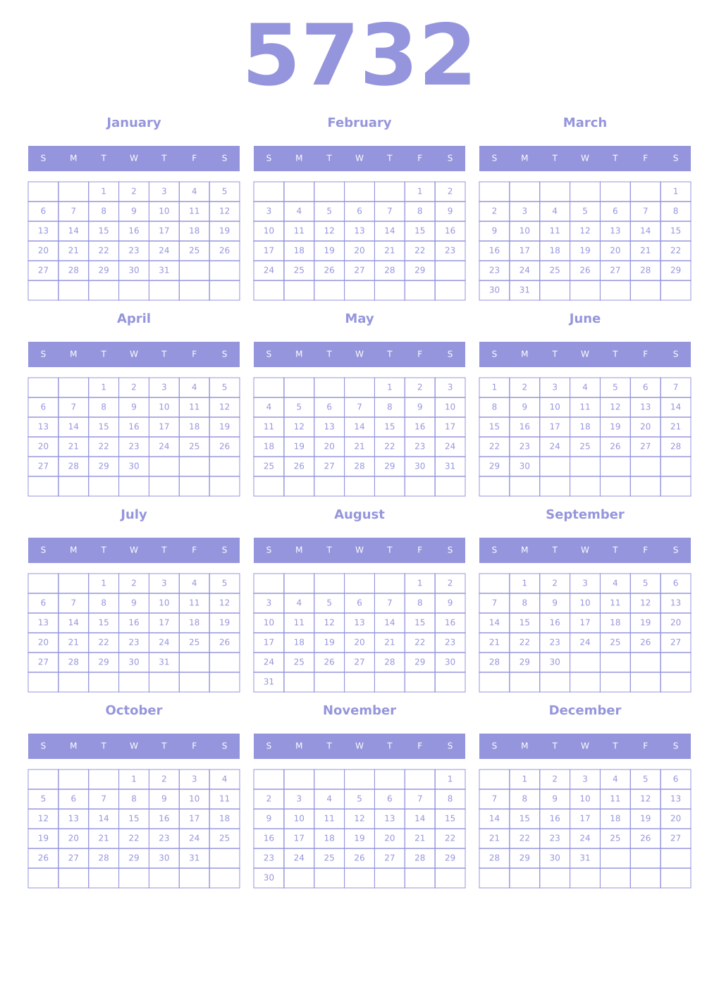 Printable 5732 Year Calendars periwinkle