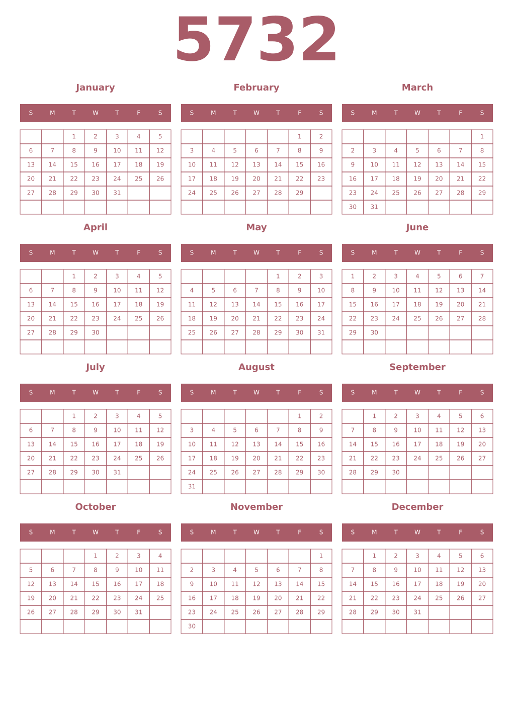 Printable 5732 Year Calendars puce