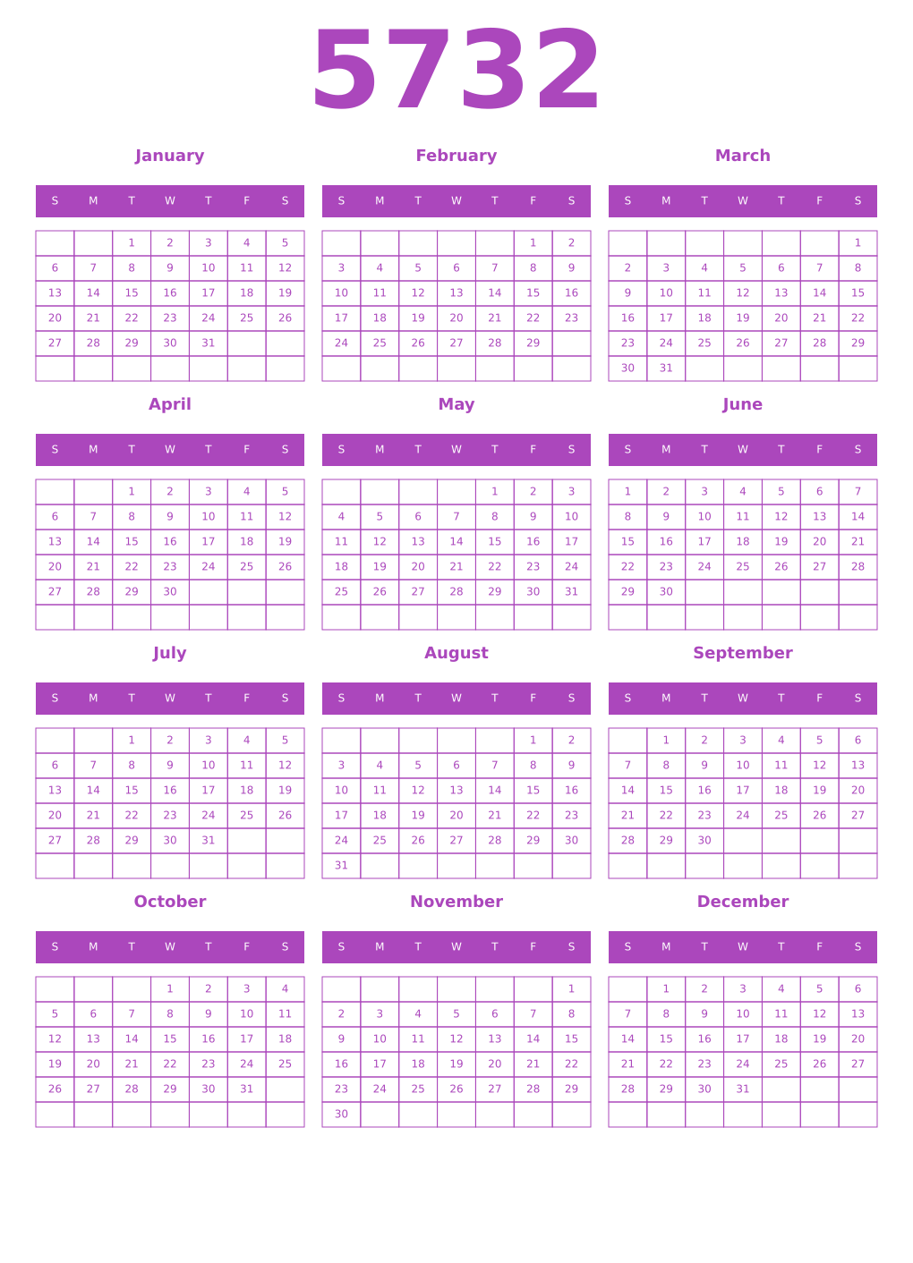 Printable 5732 Year Calendars purple