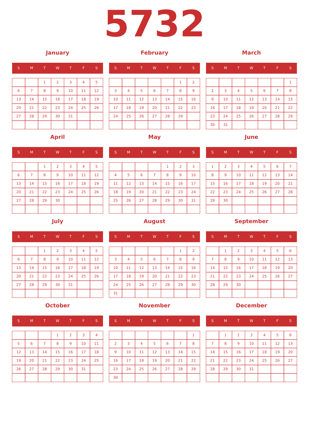 Printable 5732 Year Calendars red