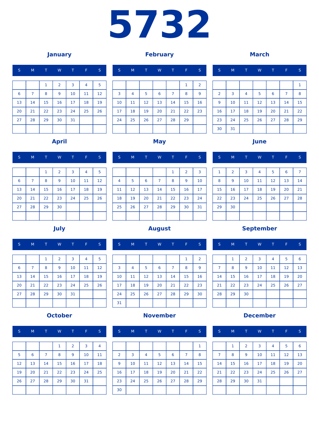 Printable 5732 Year Calendars smalt