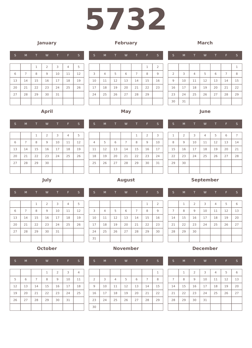 Printable 5732 Year Calendars wenge