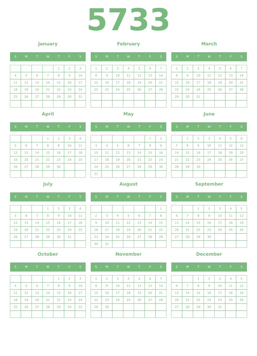 Printable 5733 Year Calendars celadon