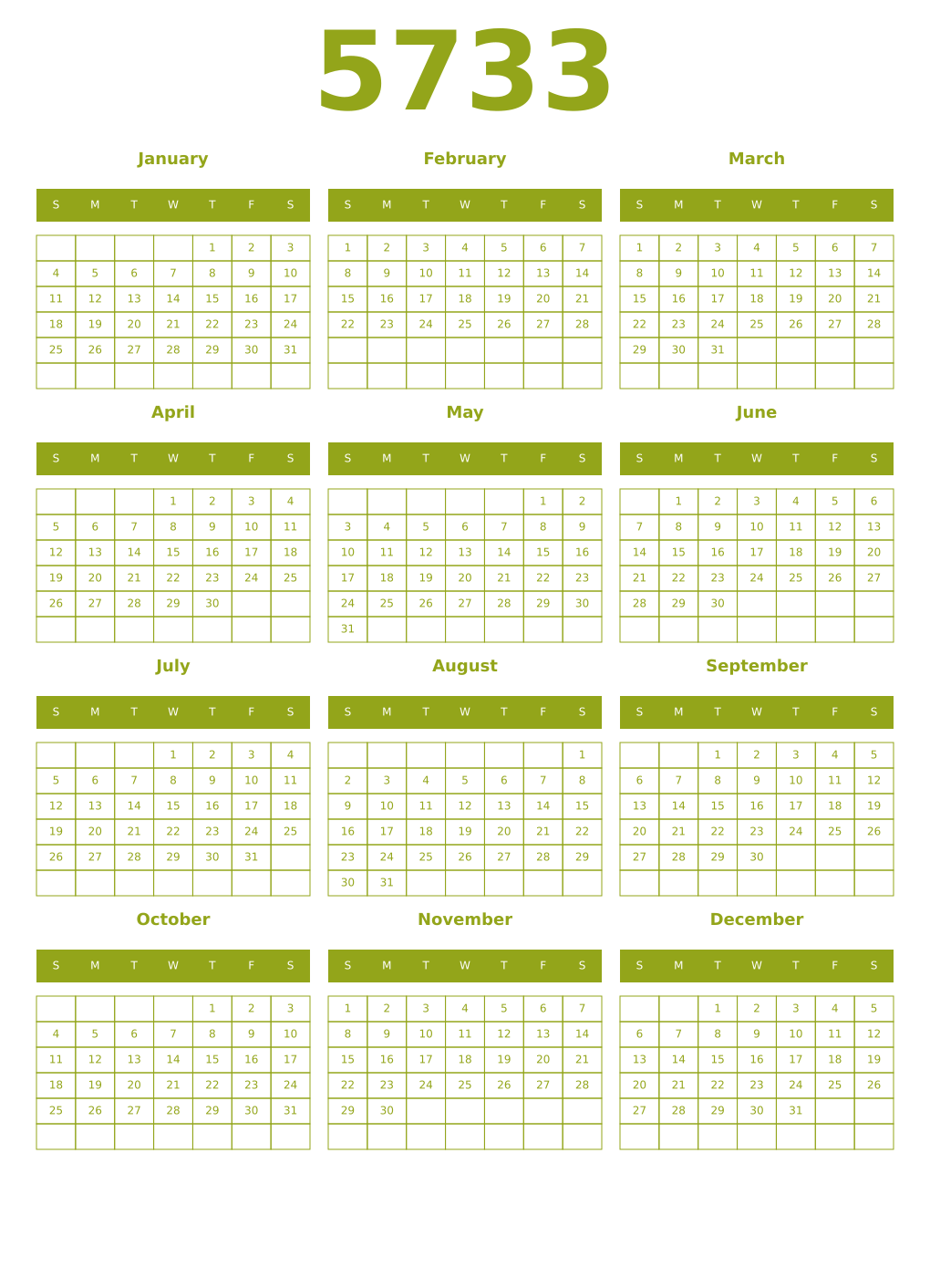 Printable 5733 Year Calendars chartreuse