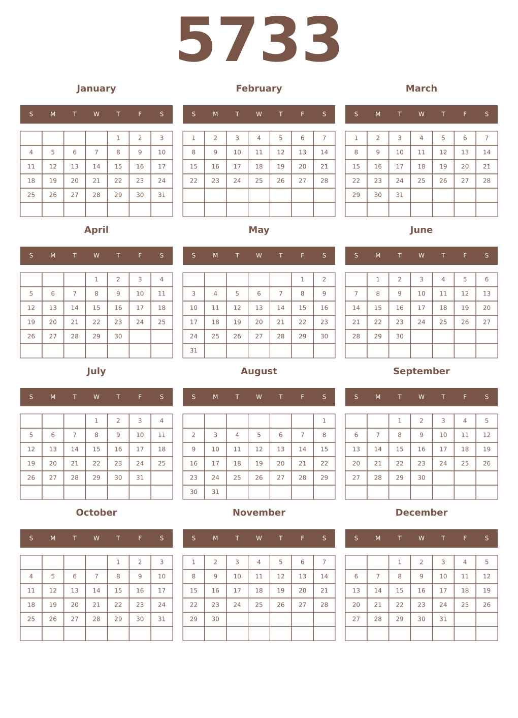Printable 5733 Year Calendars coffe