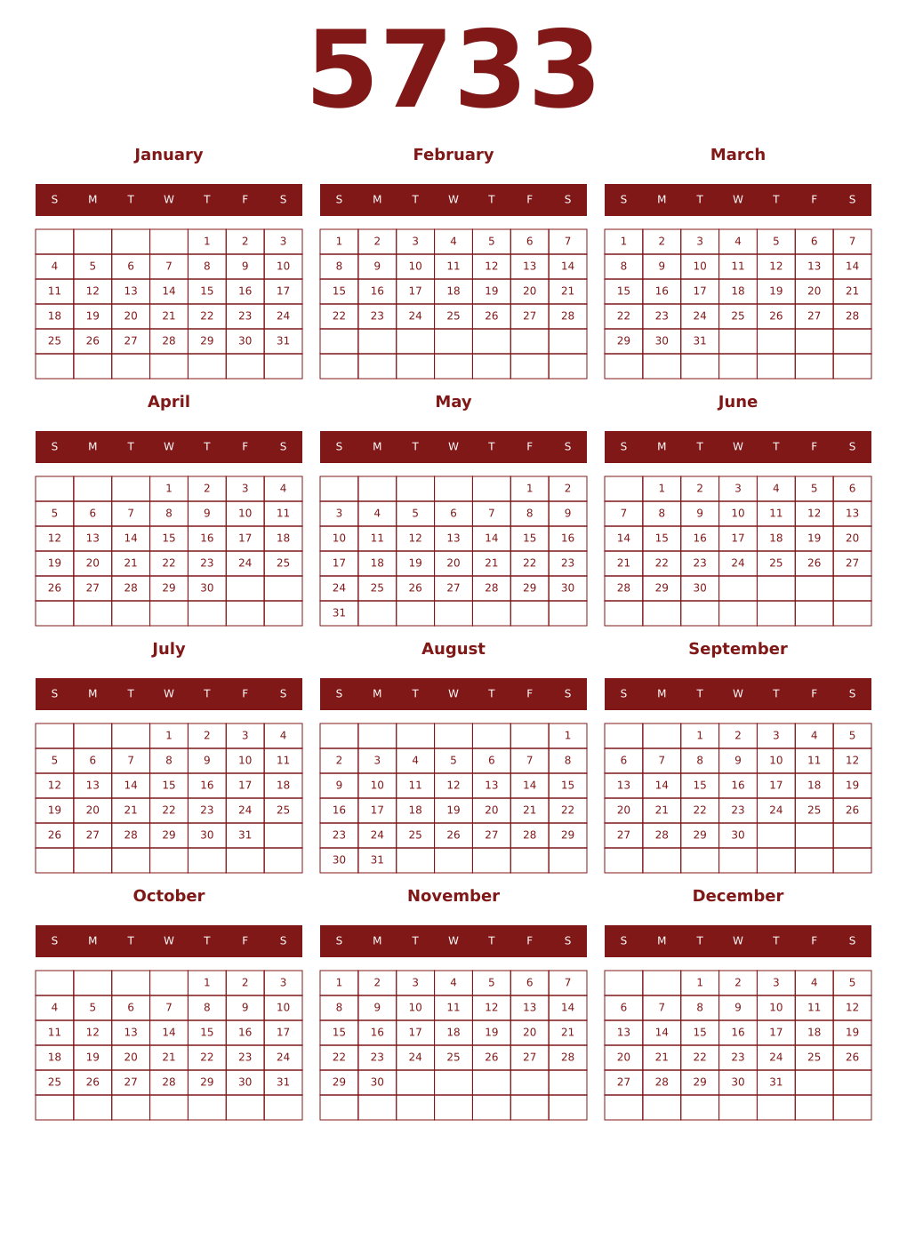 Printable 5733 Year Calendars falu