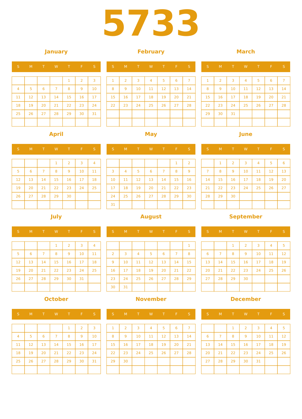 Printable 5733 Year Calendars gamboge