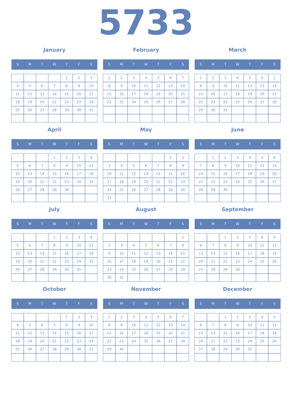Printable 5733 Year Calendars glaucous