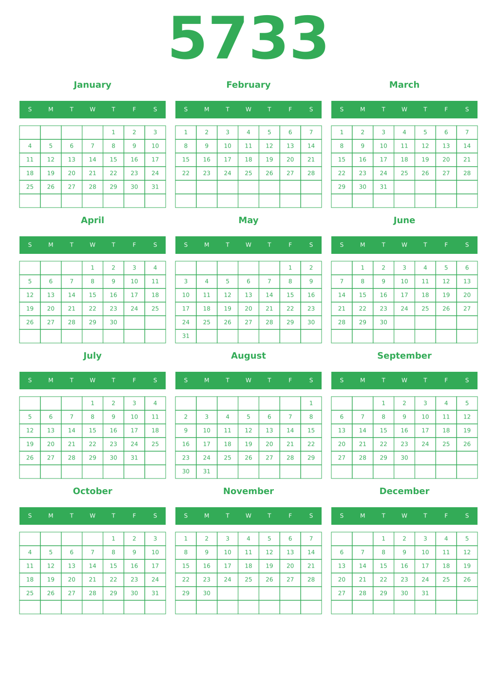 Printable 5733 Year Calendars green