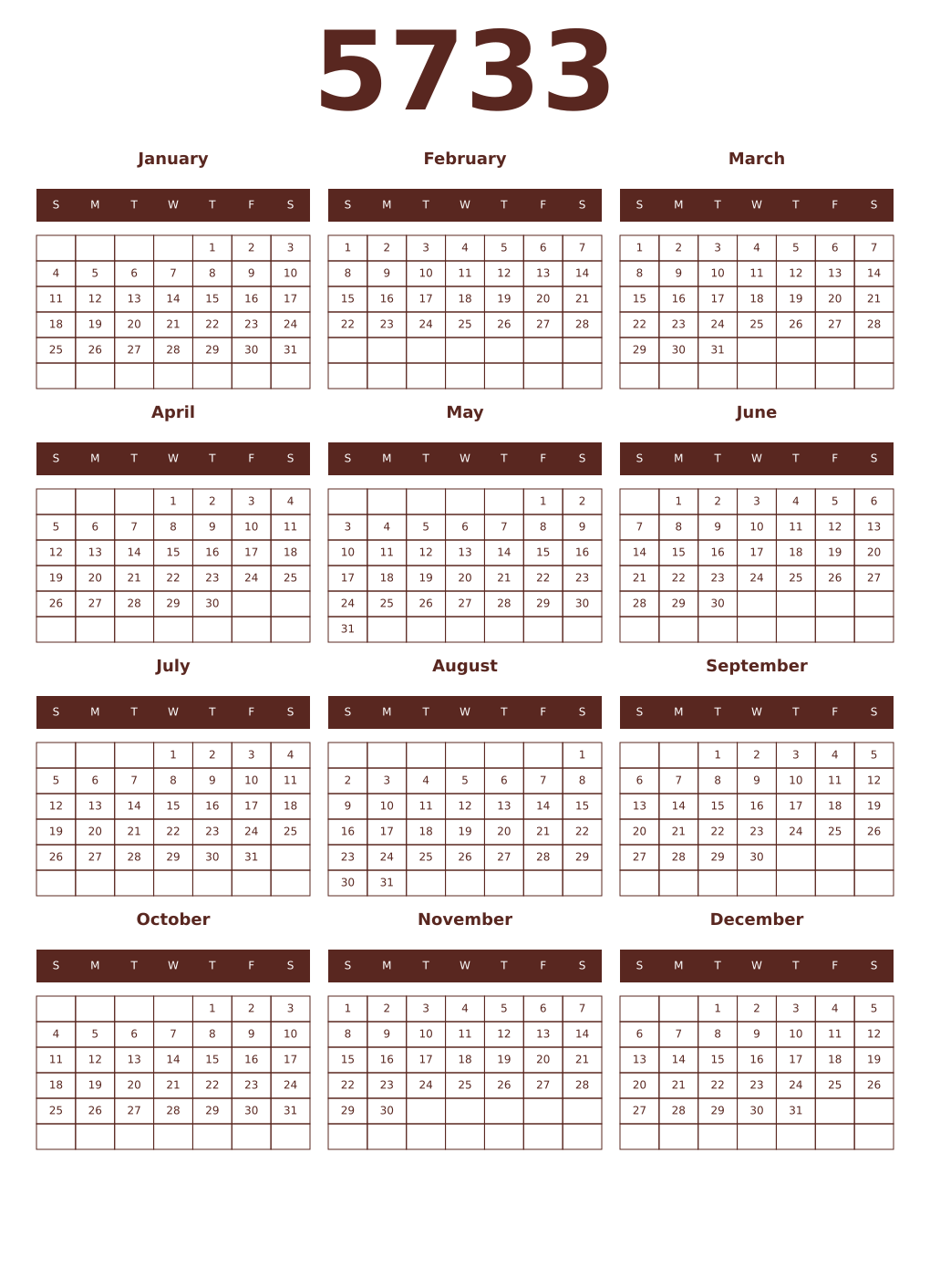 Printable 5733 Year Calendars mortuum