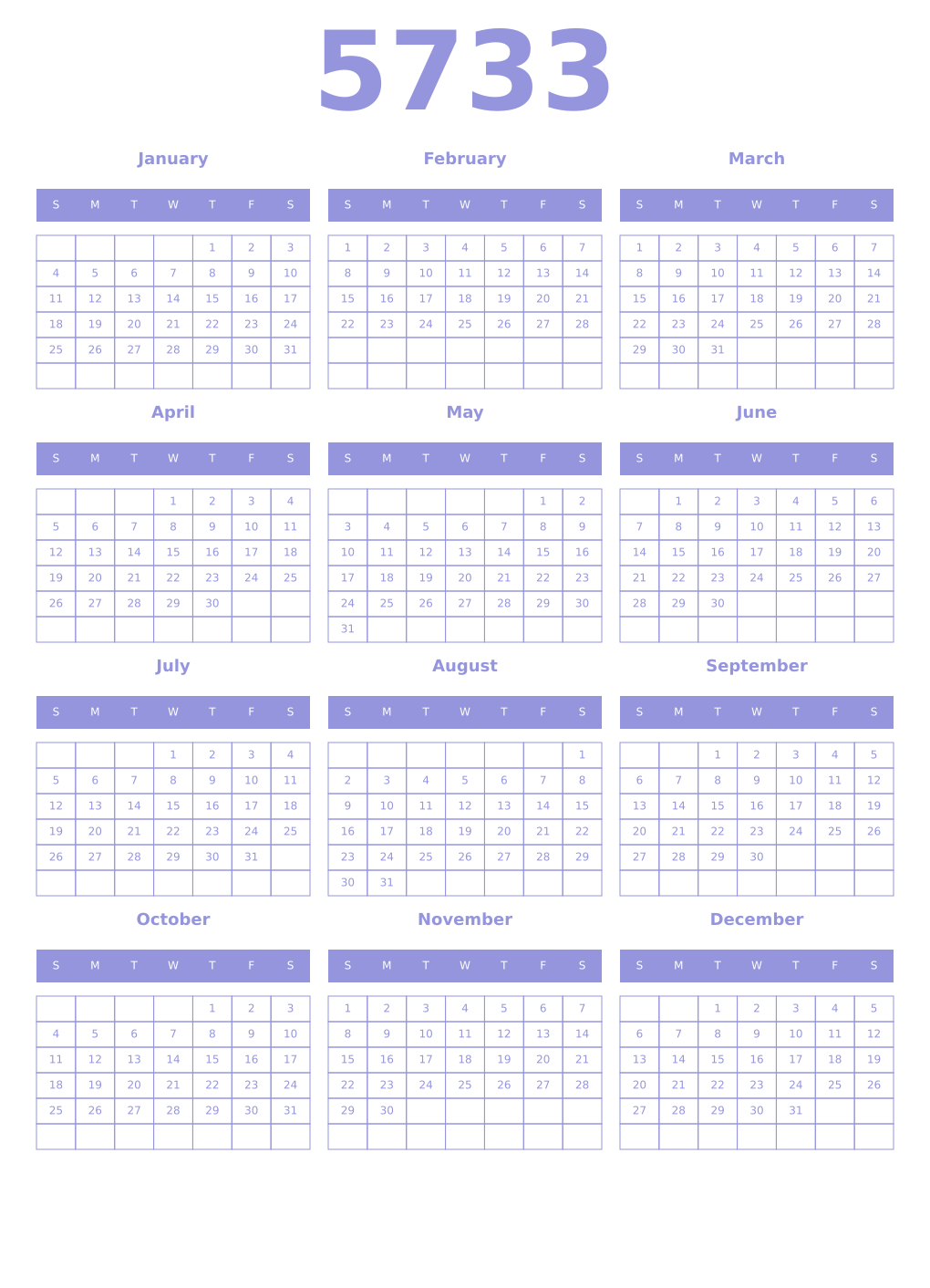 Printable 5733 Year Calendars periwinkle