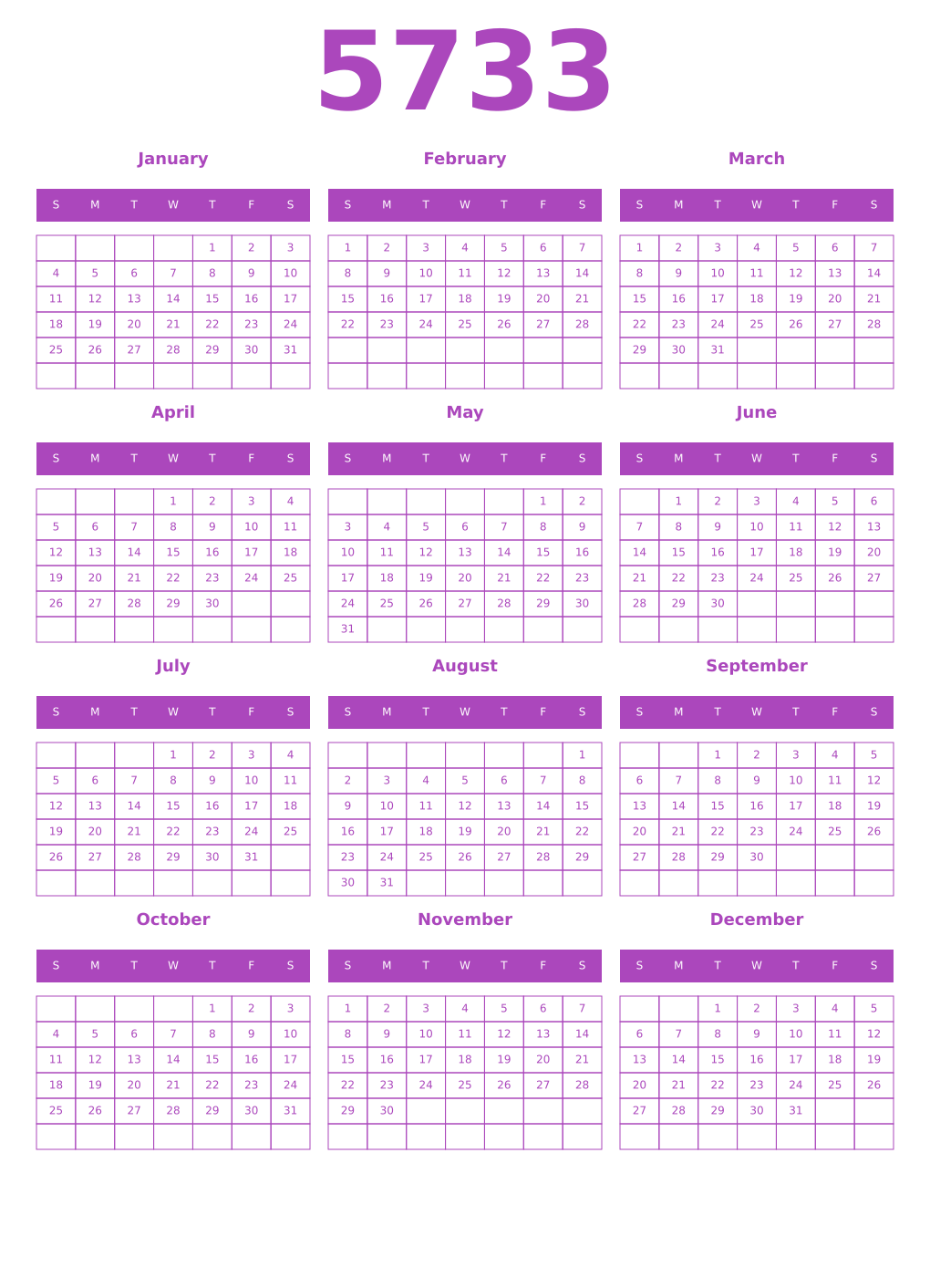 Printable 5733 Year Calendars purple