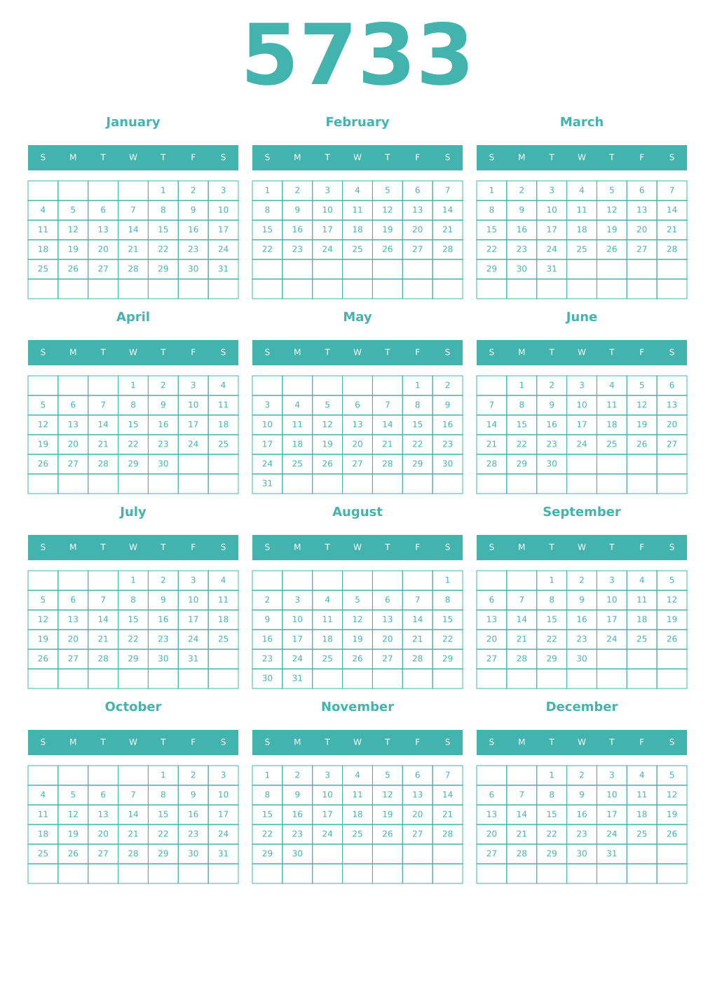 Printable 5733 Year Calendars verdigris