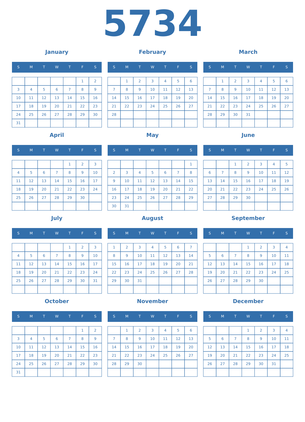 Printable 5734 Year Calendars blue
