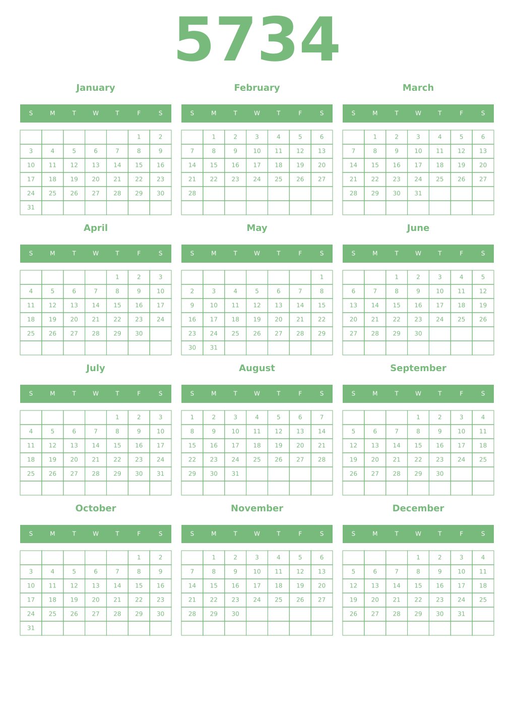 Printable 5734 Year Calendars celadon