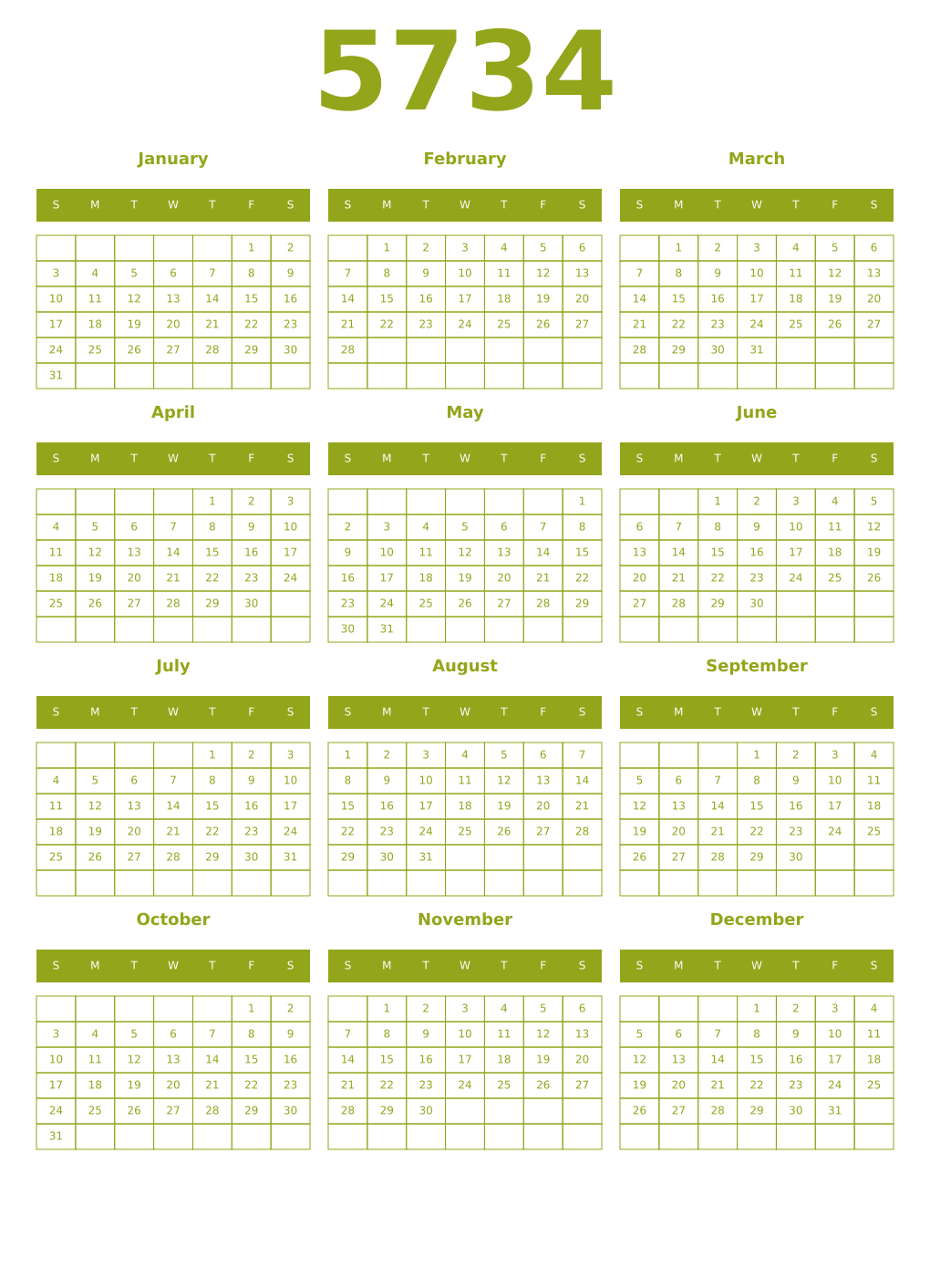 Printable 5734 Year Calendars chartreuse