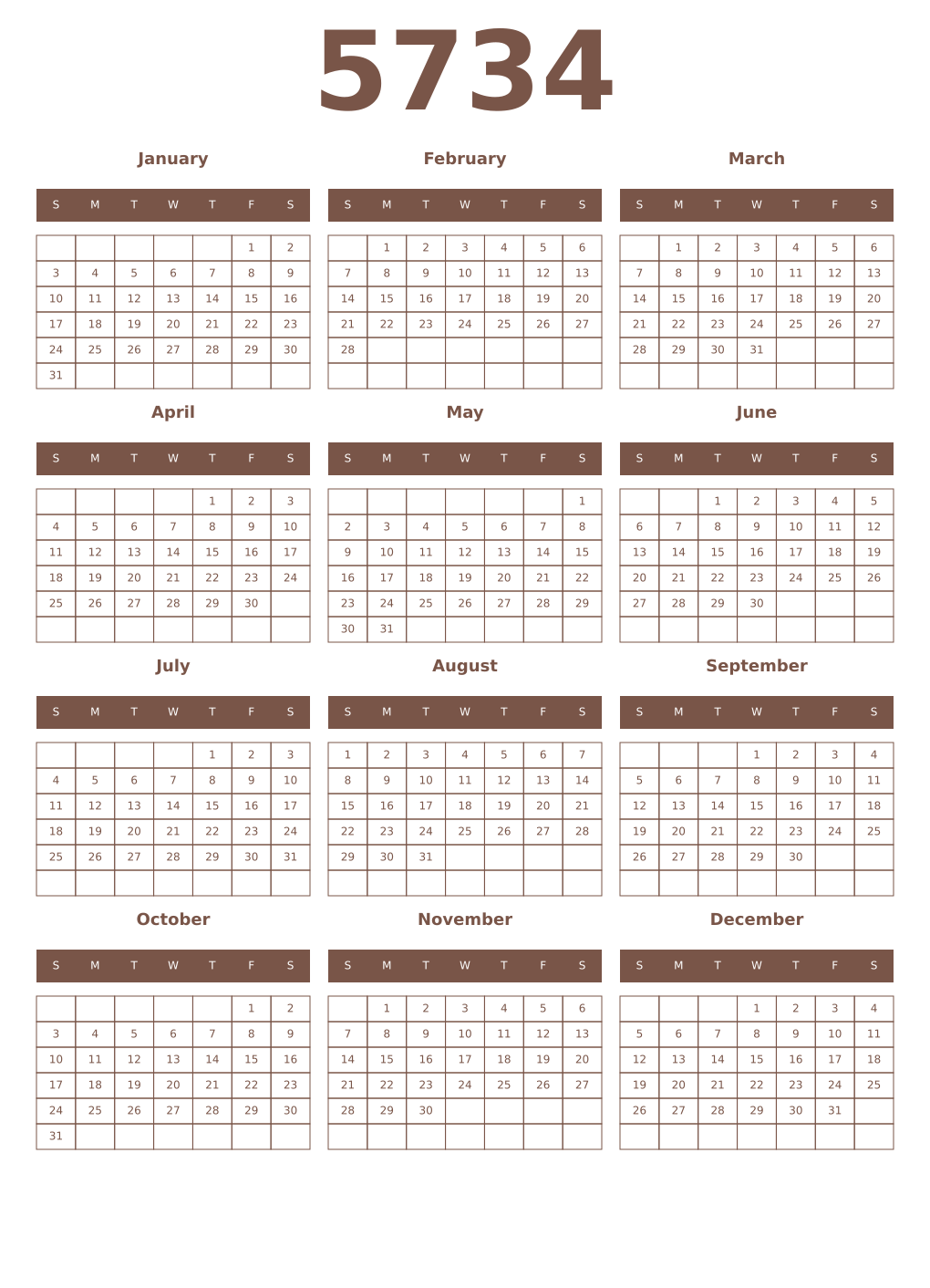 Printable 5734 Year Calendars coffe