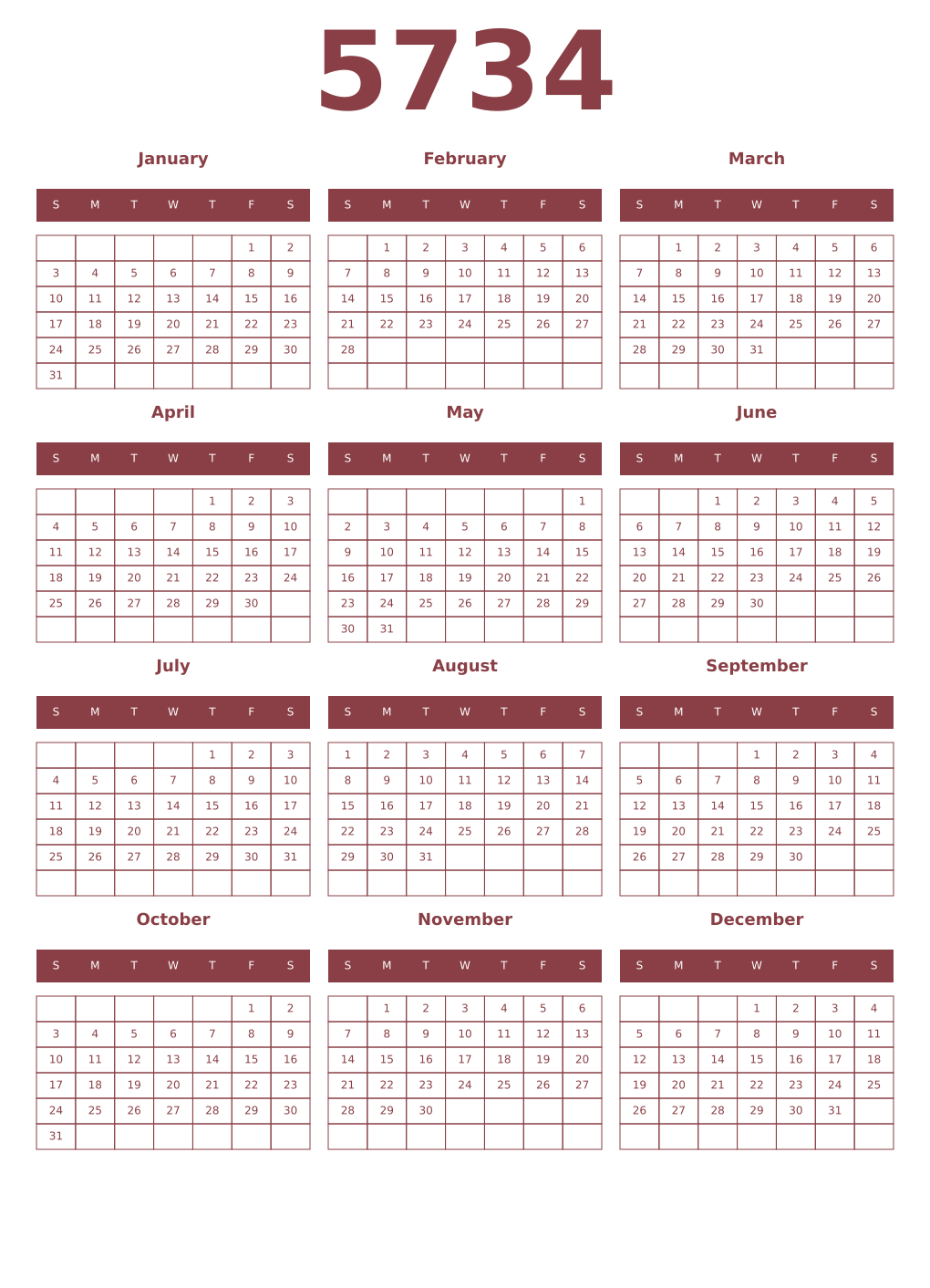 Printable 5734 Year Calendars cordovan