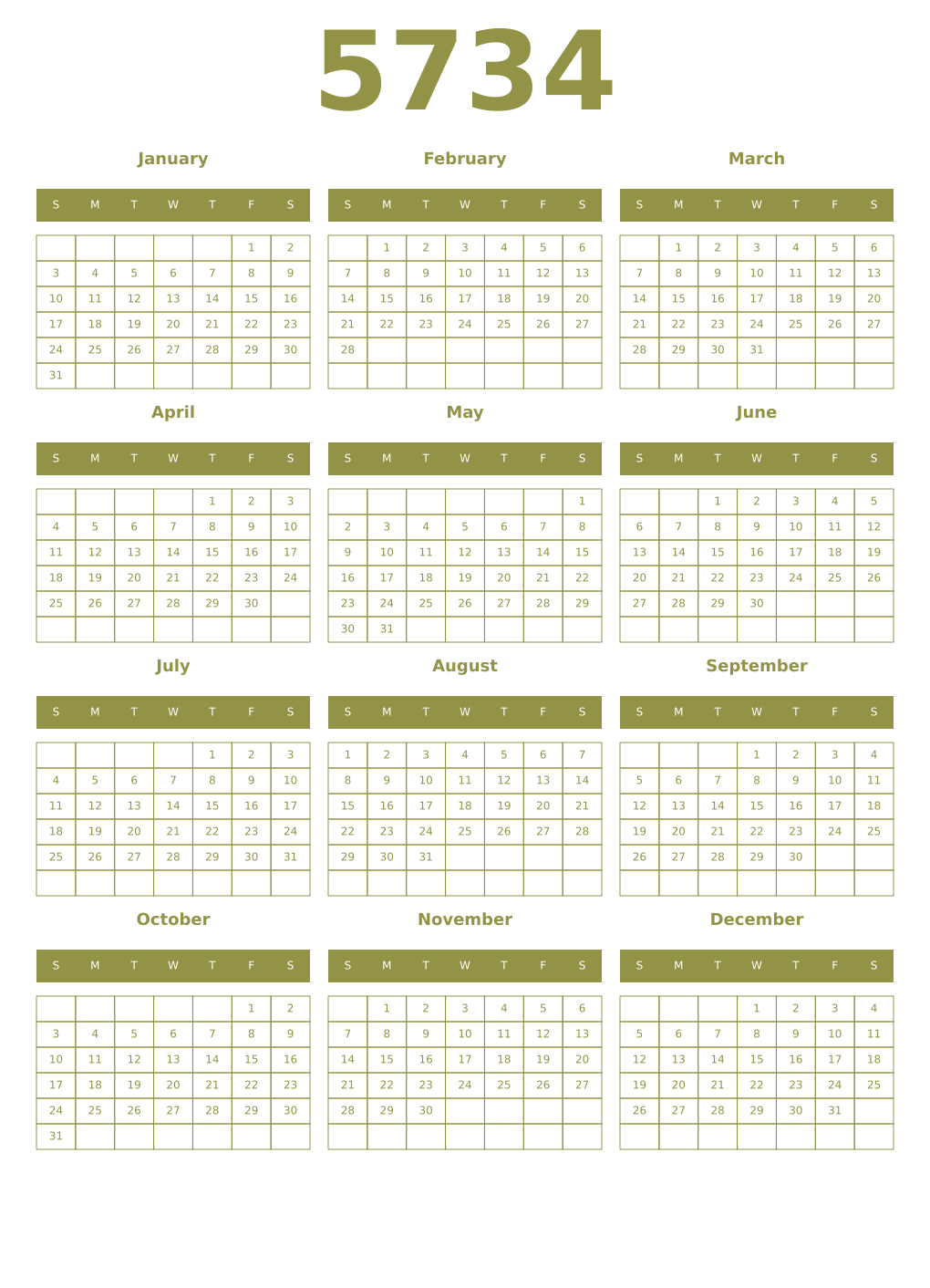 Printable 5734 Year Calendars eburnean