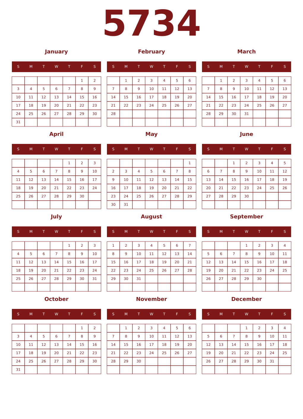 Printable 5734 Year Calendars falu