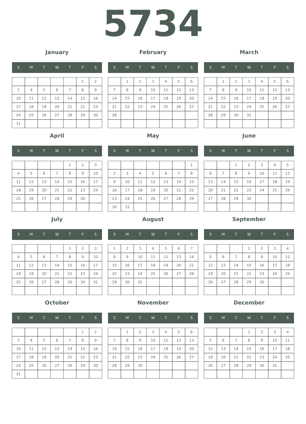 Printable 5734 Year Calendars feldgrau