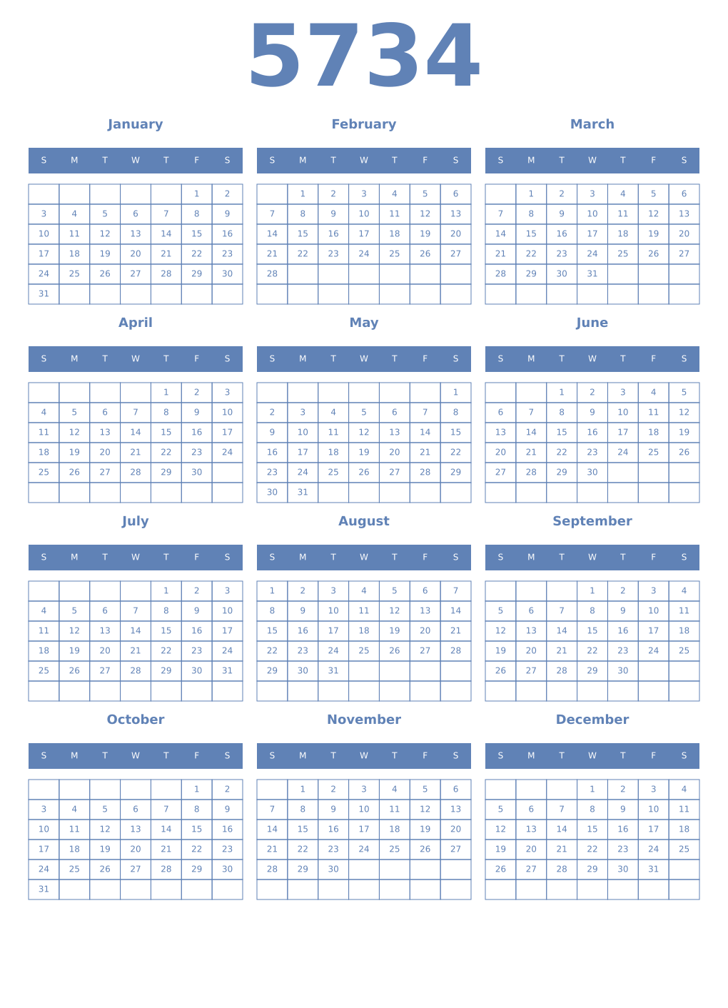 Printable 5734 Year Calendars glaucous