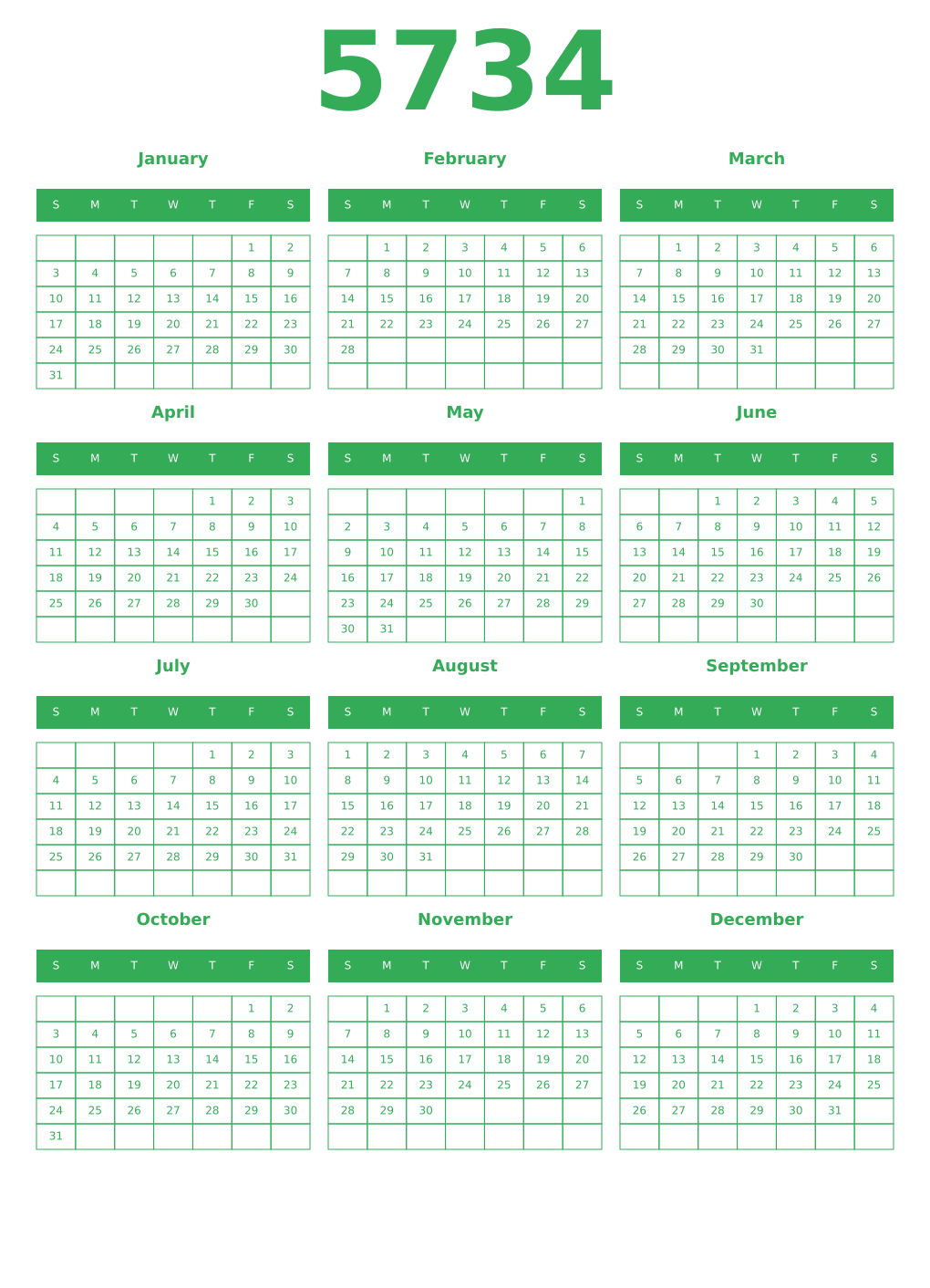 Printable 5734 Year Calendars green