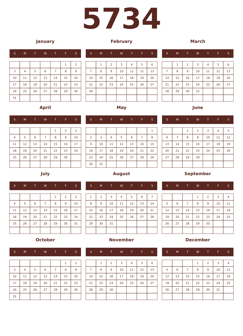 Printable 5734 Year Calendars mortuum