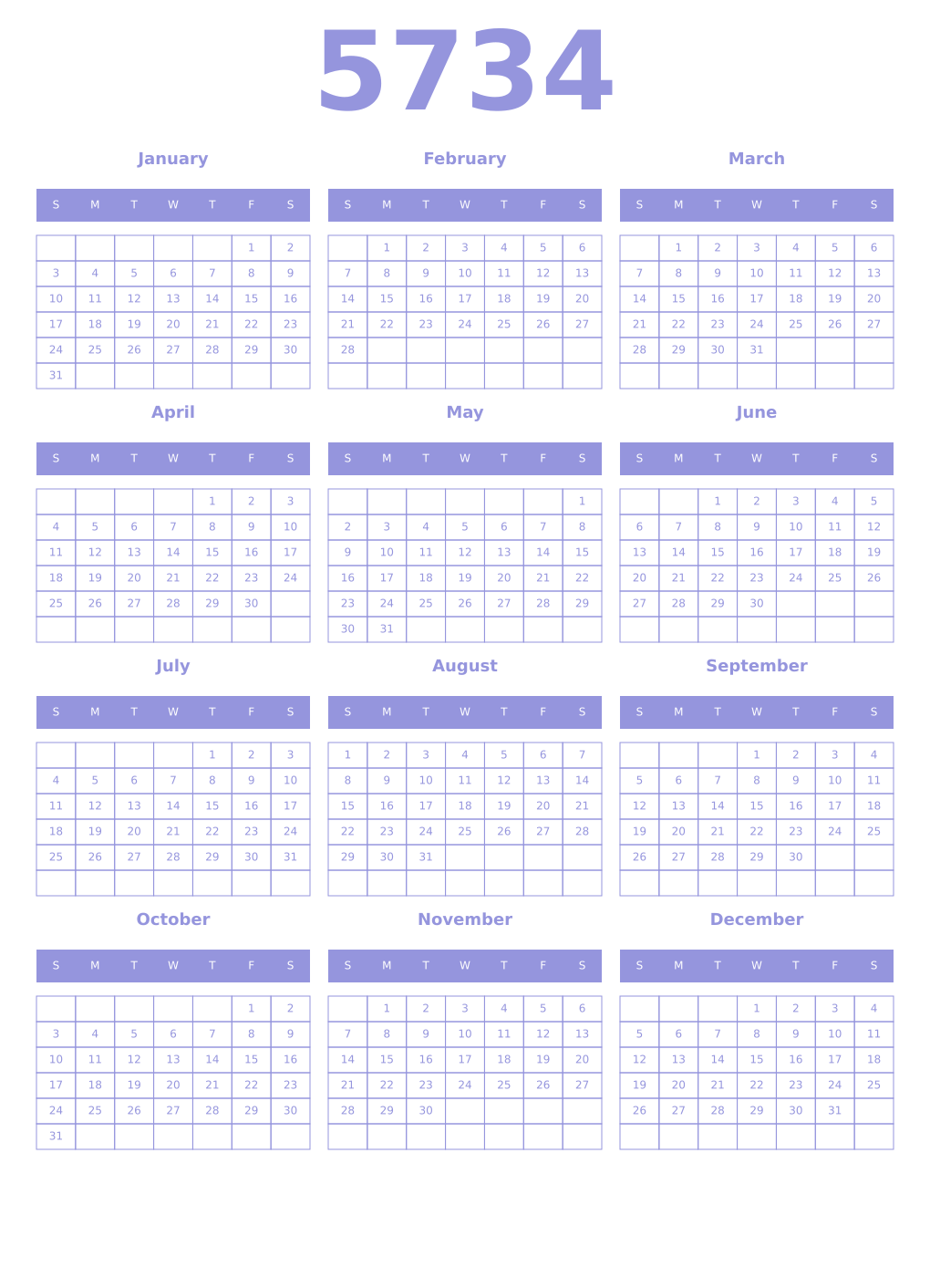 Printable 5734 Year Calendars periwinkle