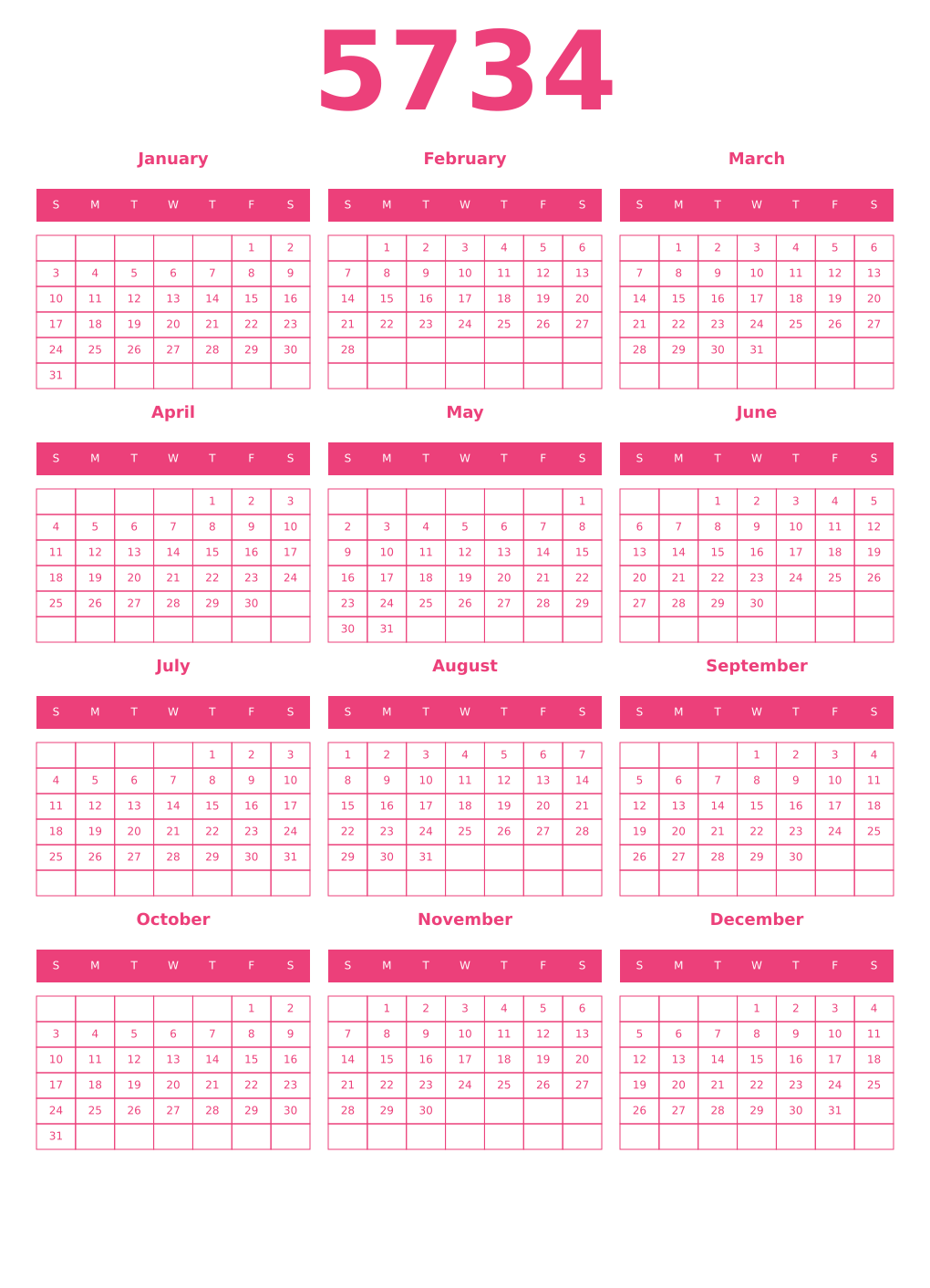 Printable 5734 Year Calendars pink