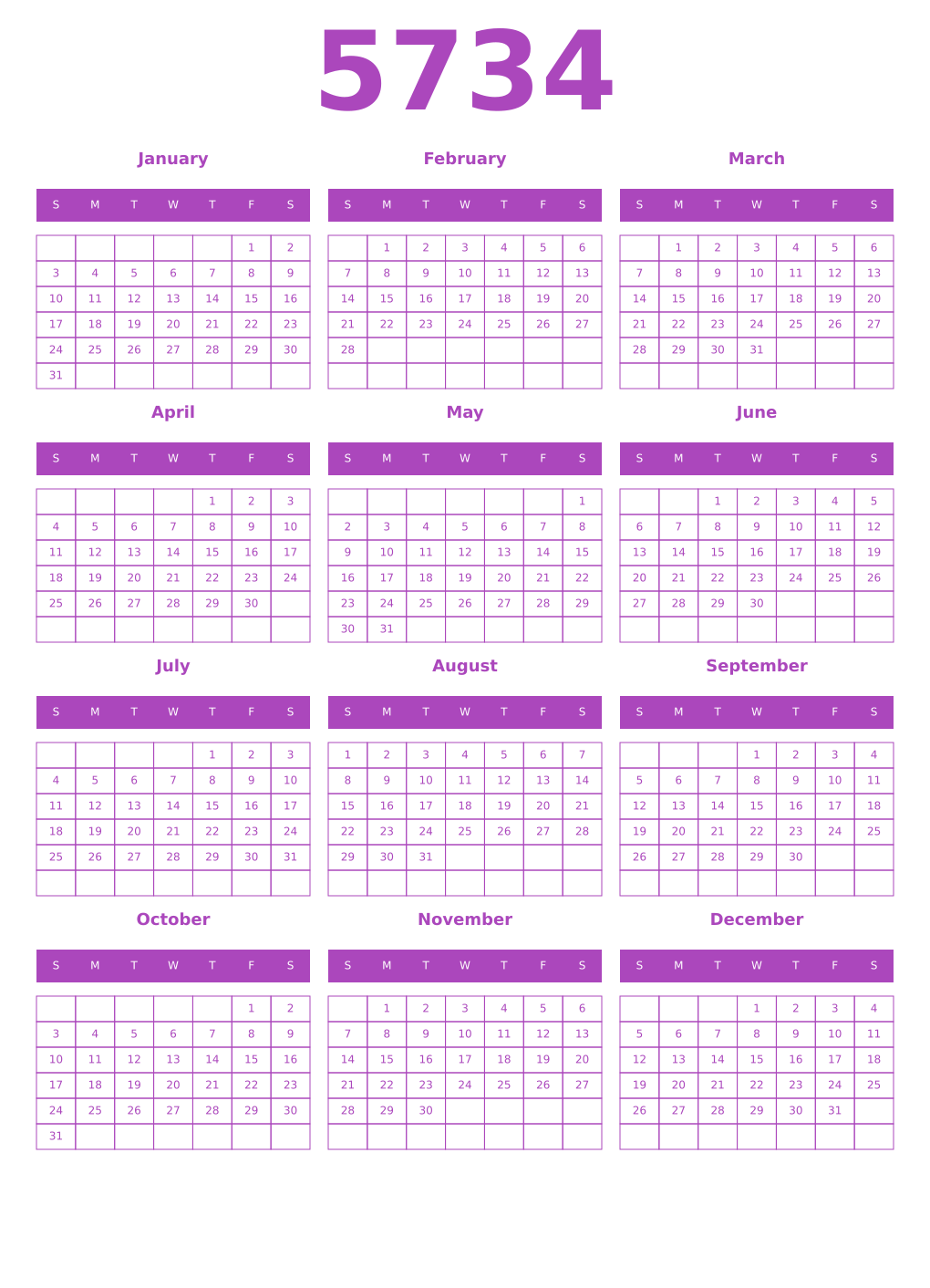 Printable 5734 Year Calendars purple